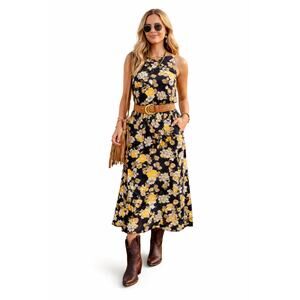 Natural Life Boho Floral Maxi Dress Black Yellow Festival Cottagecore Size L/XL